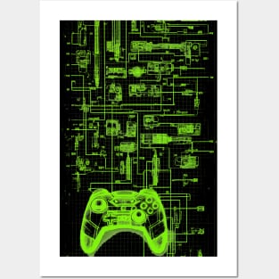 Neon Green Video Game Controller Blueprint Posters and Art